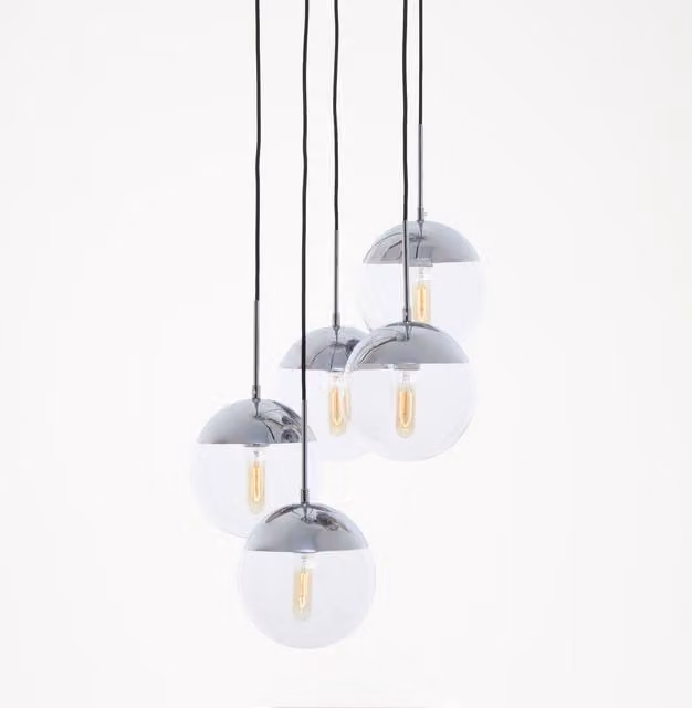 Orsina Five Pendant Lights by Interiors by Premier, Silver Chrome Metal and Transparent Glass Sphere Lamps with Adjustable Height
