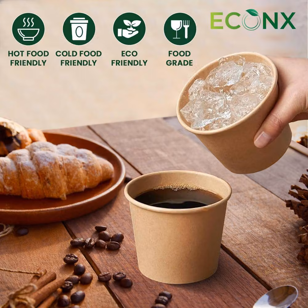 ECONX 200 Disposable Brown Paper Soup Cups and Salad Bowls with Lids, 32oz – 5