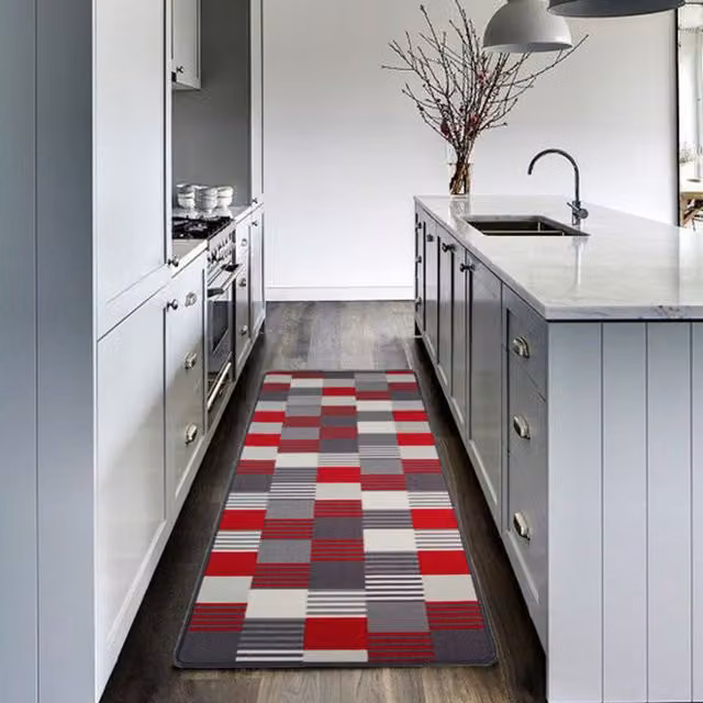 The Rug House Red and Grey Geometric Block Striped Non-Slip Washable Kitchen Utility Mat, Length: 200 cm