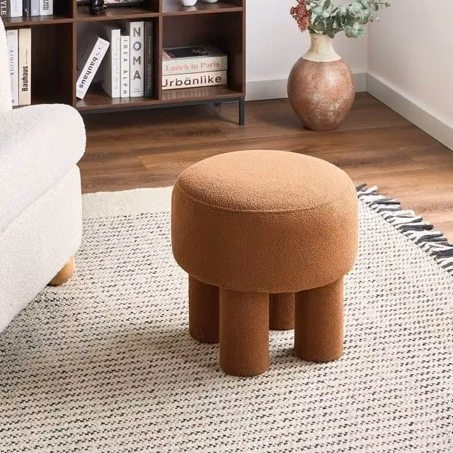 Wyld and Coco Orange Bouclé Round Footstool Pouffe with Upholstered Wood Base, W/D/H: 43 x 43 x 43 cm – 1