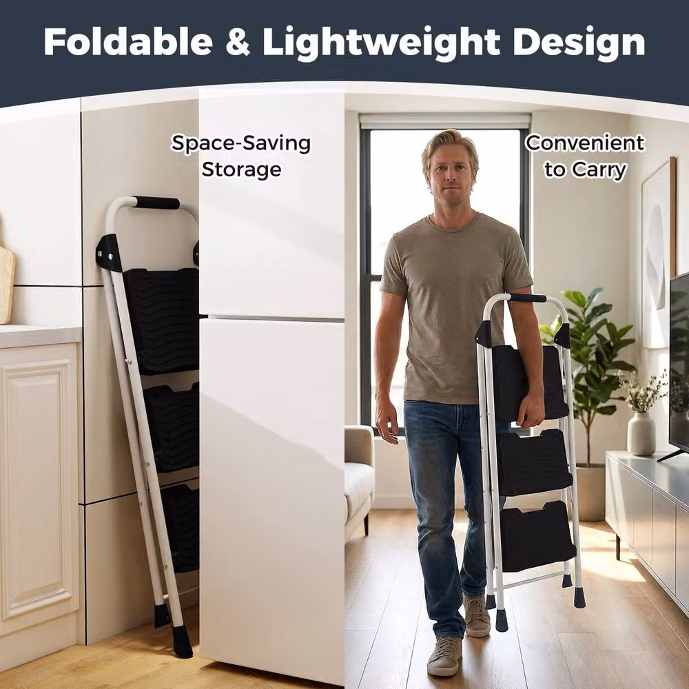 Costway 3 Step Folding Ladder with Cushioned Handrail in Black – 4