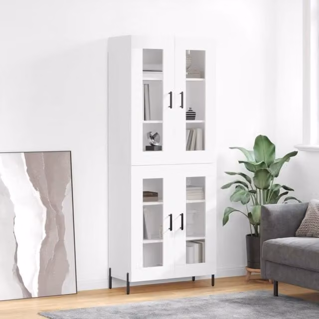 Berkfield Home Modern White Highboard with Glass Doors, W/D/H: 69.5 x 34 x 180 cm