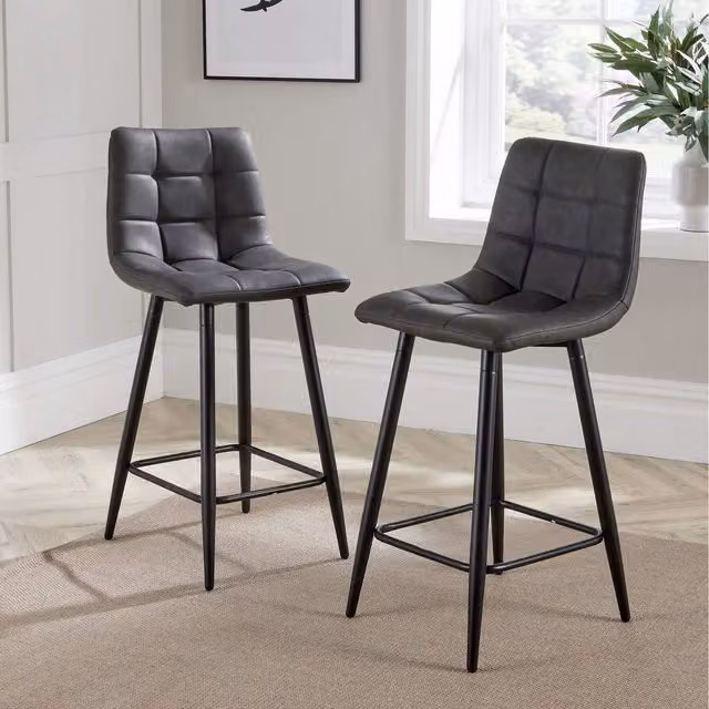 Home Source Galena Pair of Grey and Black Synthetic Leather Industrial Bar Stools