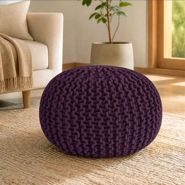 Bravich LTD Chunky Knitted Cotton Round Pouffe Footstool in Purple, Diameter: 50 cm – 1