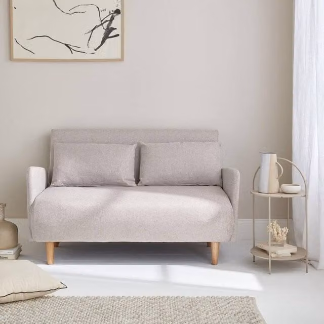 Sweekeet 2-Seater Convertible Upholstered Sofa Bed with Reclining Backrest and Scatter Cushions in Beige
