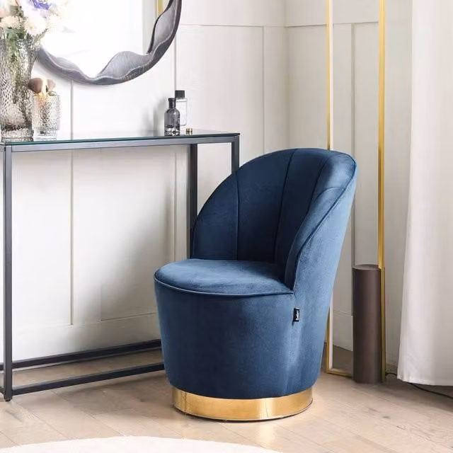 Wyld and Coco Dark Blue Velvet Tub Armchair with Gold Metal Base