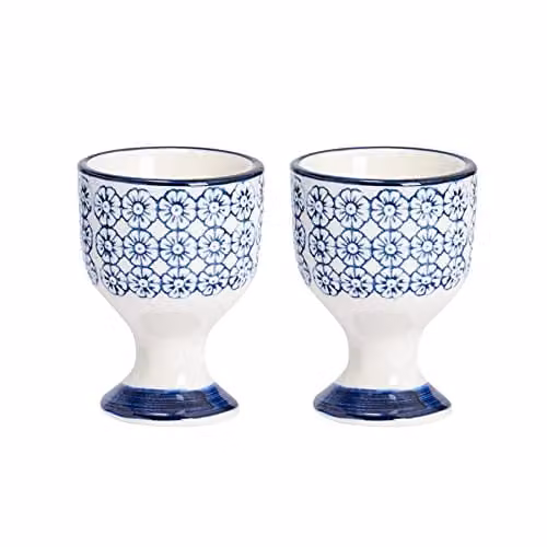 Nicola Spring Hand-Printed Floral Egg Cups, Blue Stoneware, Pack of 2 – 1