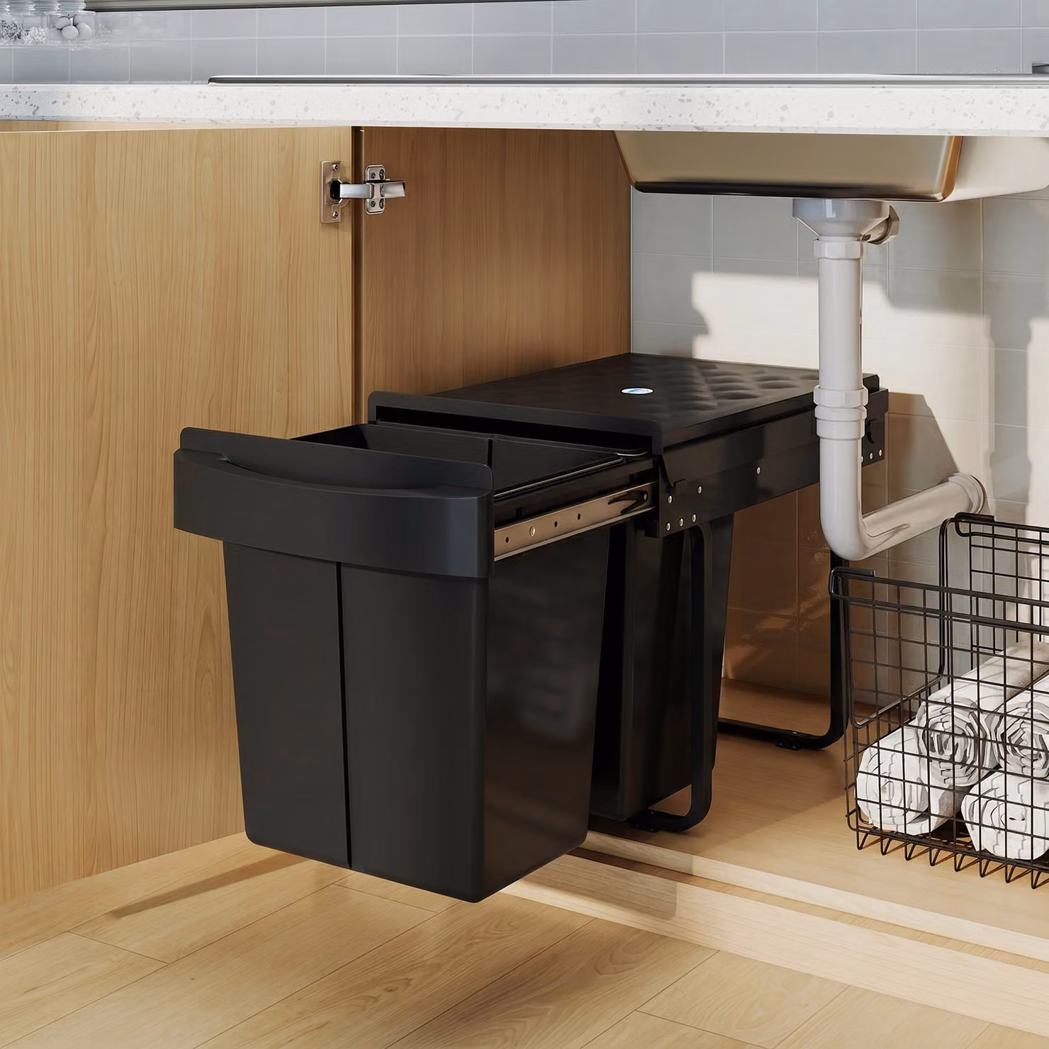 HOMCOM Pull Out Kitchen Under Sink Bin with 2 Removable Compartments, Black – 8