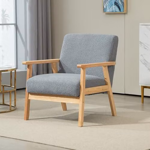 HOMCOM Modern Sherpa Fleece Upholstered Accent Armchair with Solid Wood Frame in Grey and Brown – 2