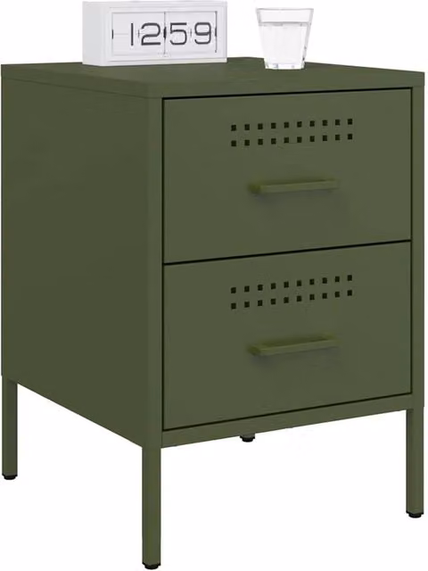 Berkfield Home Durable Metal Bedside Cabinets, 2 Pack, Olive Green, W: 39 cm, D: 39 cm, H: 50.5 cm