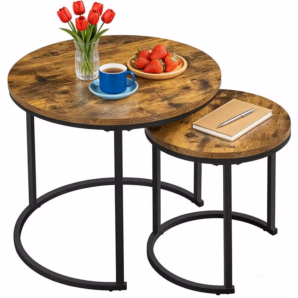 FORGEVIO Set of 2 Round Nesting Coffee Tables in Brown Wood – 5