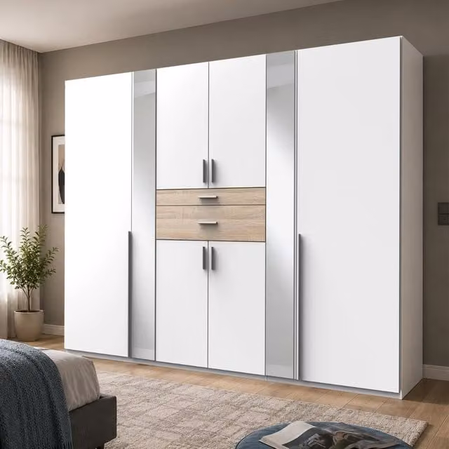 Odessa 6 Door Wardrobe in Matt White and Oak with Mirror, W: 270 cm