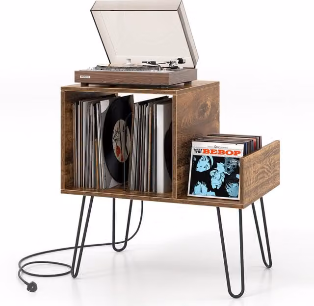 Costway Modern Record Player Stand and End Table in Brown