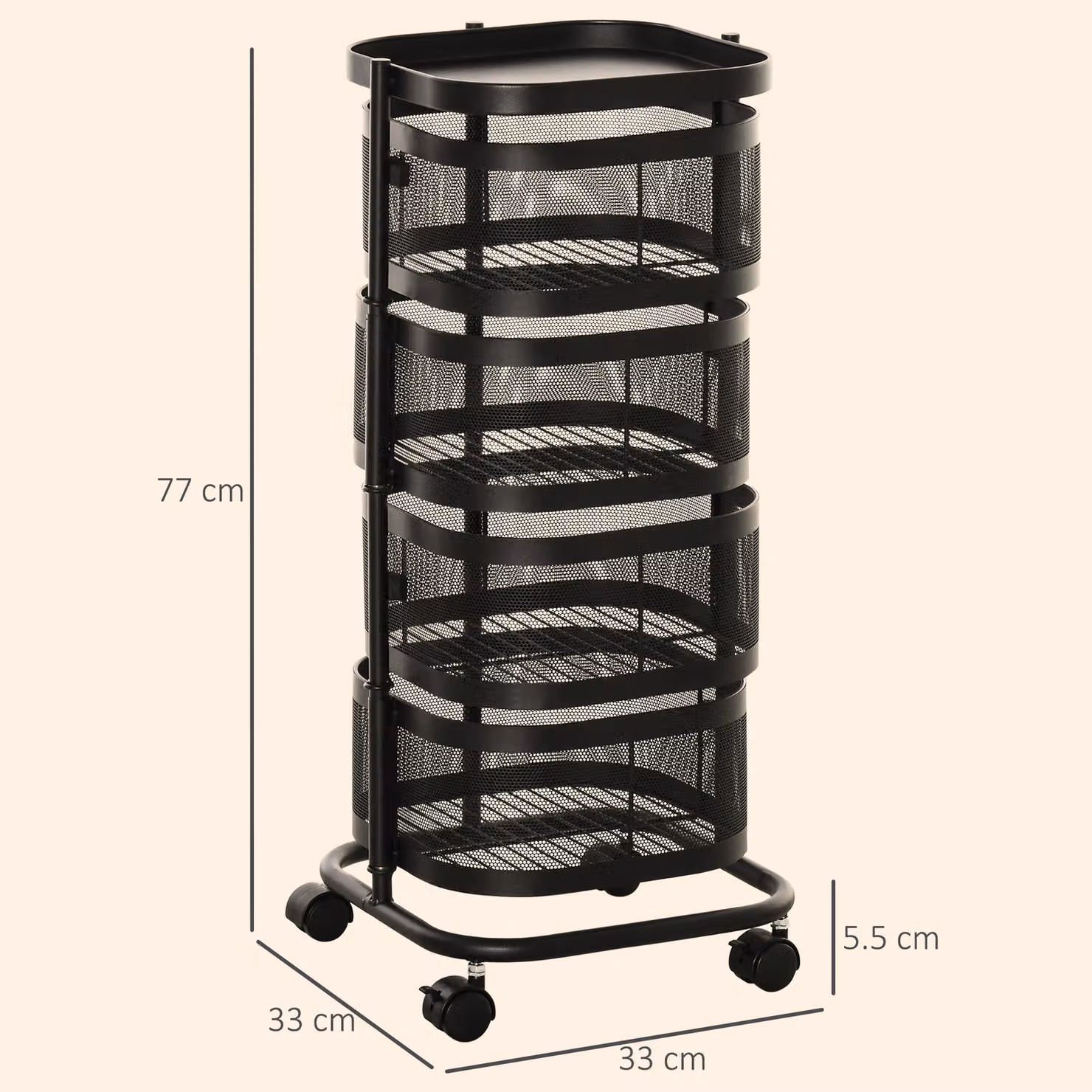 HOMCOM 4-Tier Metal Storage Cart with 4 Mesh Baskets and Top Tray, Black – 3