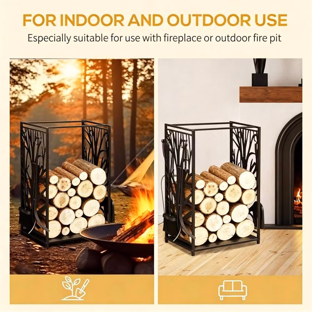 STILVORA Black Steel Firewood Log Holder with 4 Tools, W/D/H: 70.0 x 46.0 x 30.0 cm – 6