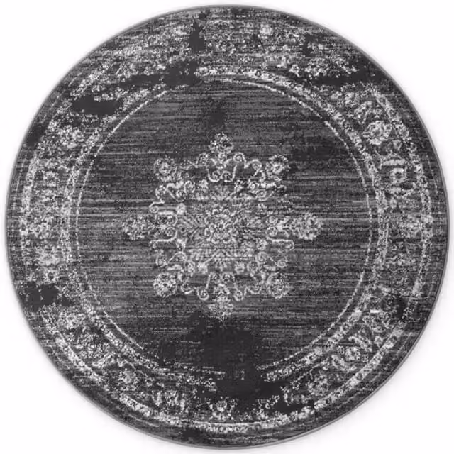THE RUGS Gloria Lydia Round Vintage Oriental Short Pile Rug in Grey, Diameter: 120 cm