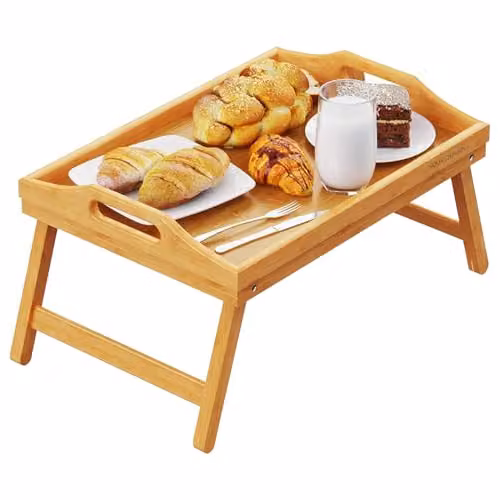 Mantraraj Bamboo Bed Tray Table with Foldable Legs and Handles in Brown, W: 60.5 cm, D: 30 cm, H: 23 cm