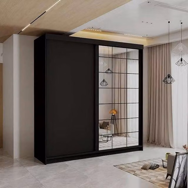 MN Furniture Geneva Sliding Mirror Door Wardrobe with LED Lighting in Black, W: 200 cm, H: 217 cm – 1