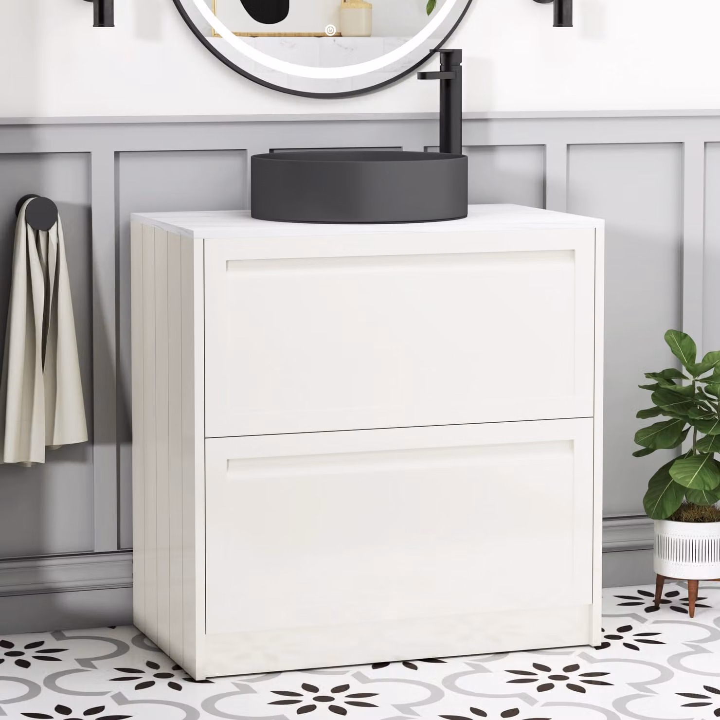 Royal Bathrooms Elmore Classic White Floor Standing Countertop Vanity Unit with 2 Drawers and Art Round Basin, Width: 80 cm