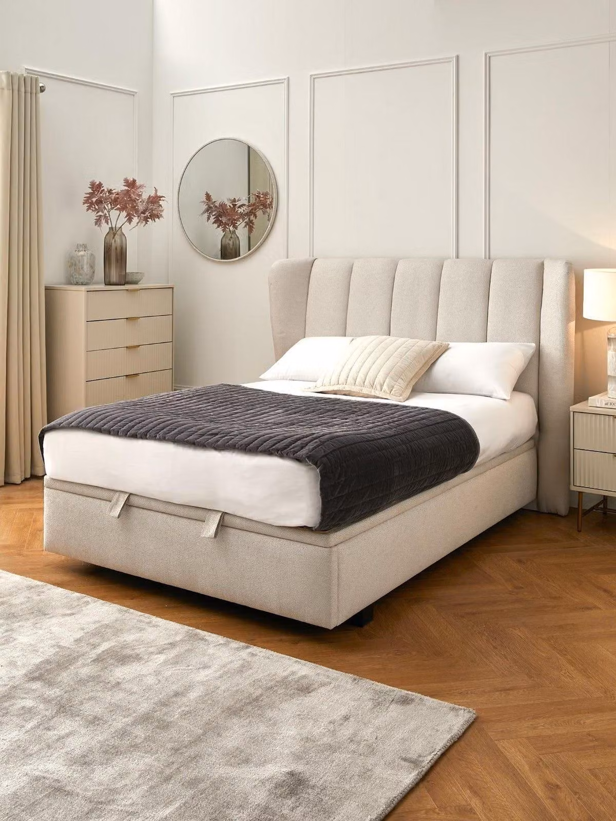 The Very Collection Jasper King Storage Bed in Beige with Wing Headboard and Ottoman Lift Up Base, W/D/H: 180 x 200 cm