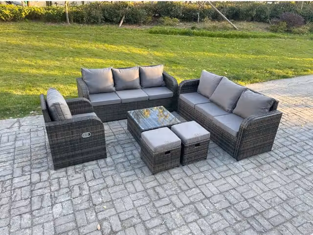 Fimous 9-Seater Grey Rattan Garden Furniture Set with Upholstered Cushions, 3-Seater Sofa, Lounge Armchair, Ottoman and Glass Coffee Table