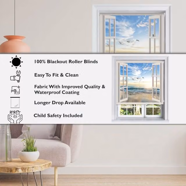 Lister Cartwright Window Beach View Scenic Design Blackout Roller Blinds, Multicolour, W: 60 cm, H: 160 cm