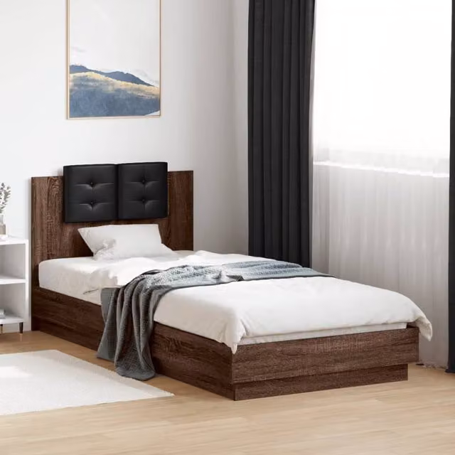Berkfield Home Modern Bed Frame with LED Under-Bed Lighting and USB Charging Port in Brown Oak, W: 100 cm, L: 200 cm