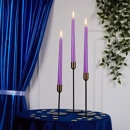 Deco Express Set of 6 Classic Unscented Dripless Tapered Metallic Purple Dinner Candles – 5