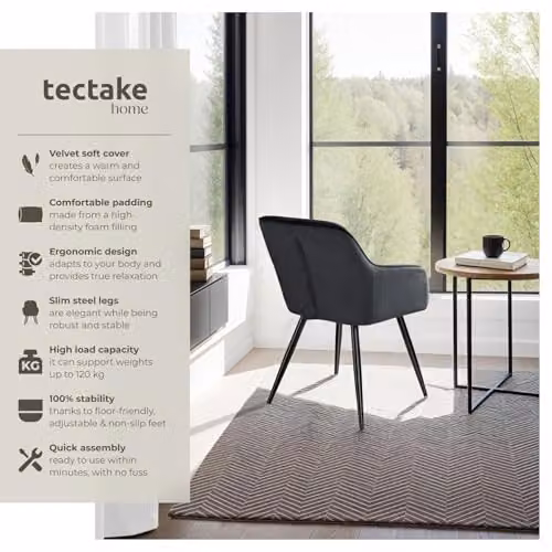 tectake Set of 2 Black Velvet Dining Chairs with Armrests and Metal Legs – 3