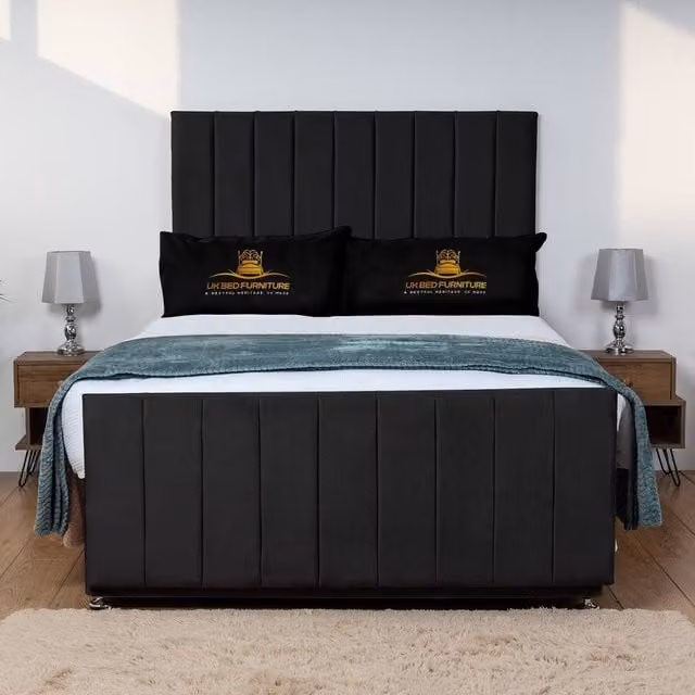 UK Bed Furniture Hampton Divan Bed Base with 26 Inch Headboard in Black, Single, W/D/H: 90 x 190 cm