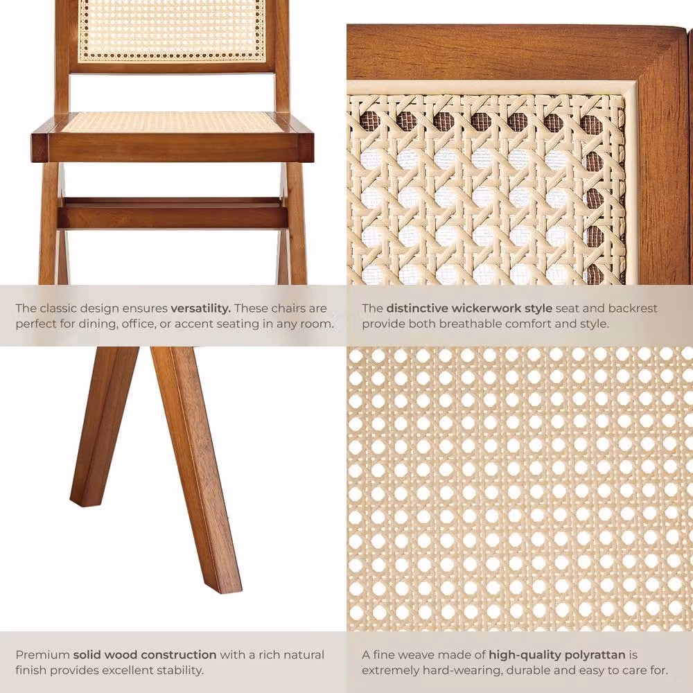 tectake Lizzy Accent Chair Set of 6 in Dark Brown with Dark Oak Wood and Rattan Details – 4