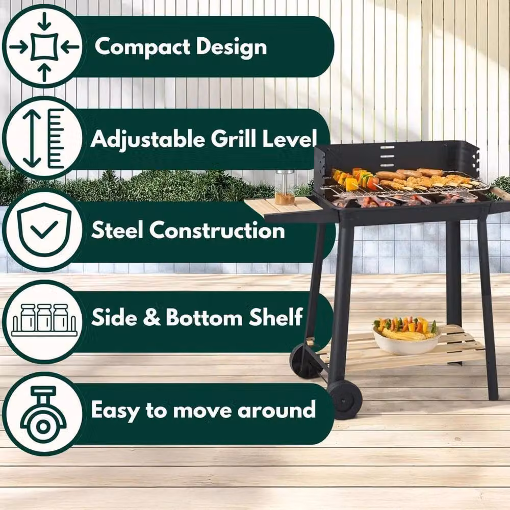 Marco Paul Garden Charcoal BBQ Grill with Wooden Shelf and Wheels in Black – 6