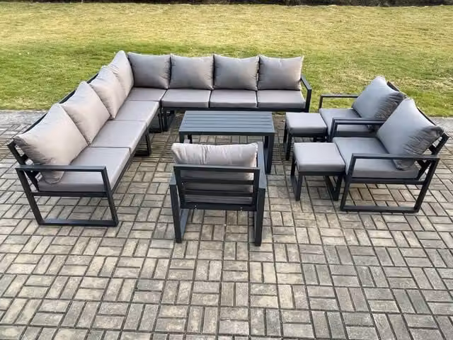 Fimous 5 Piece Aluminium Outdoor Garden Furniture Set in Dark Grey featuring L-Shape Corner Sofa, Oblong Coffee Table and 2 Ottomans