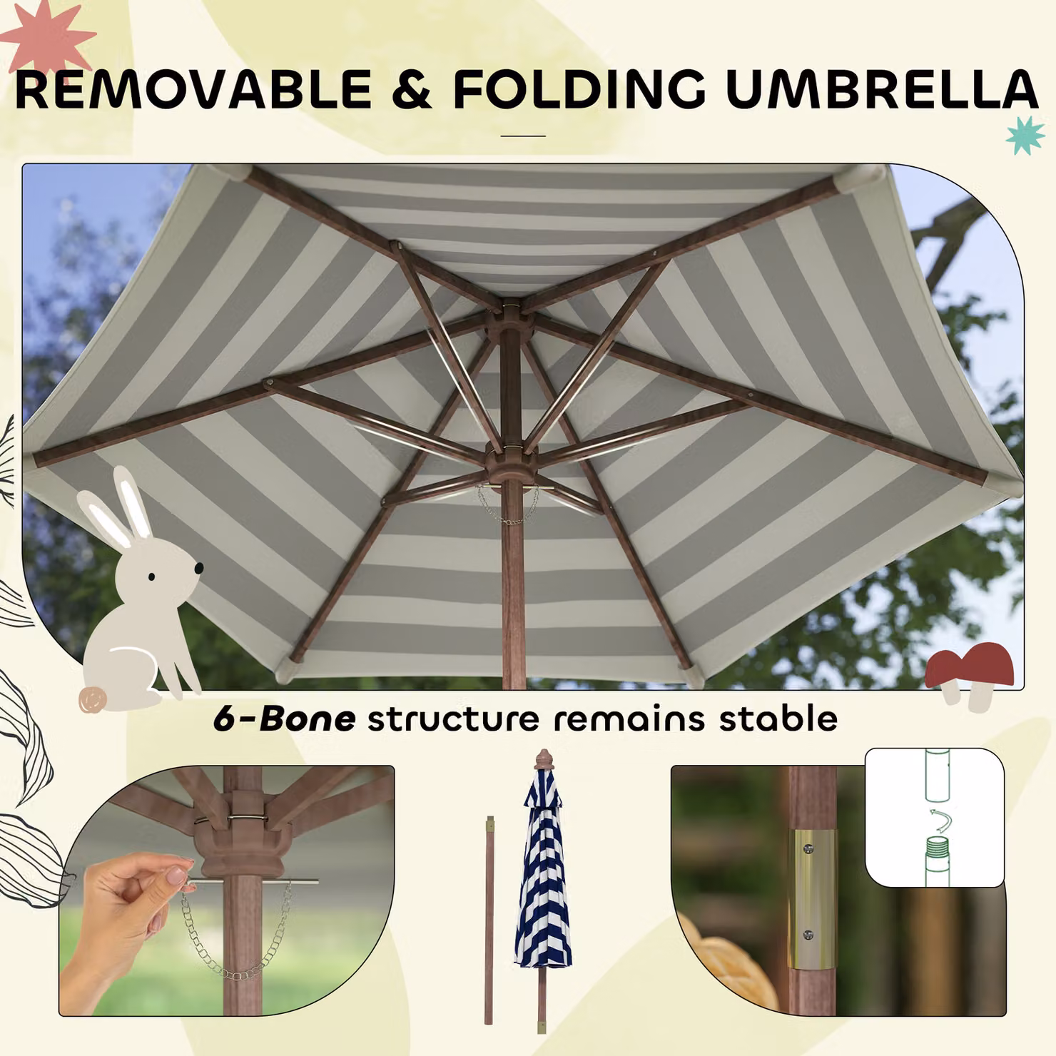 AIYAPLAY Outdoor Wooden Kids Picnic Table and Bench Set with Cushions and Umbrella in Navy Blue – 5