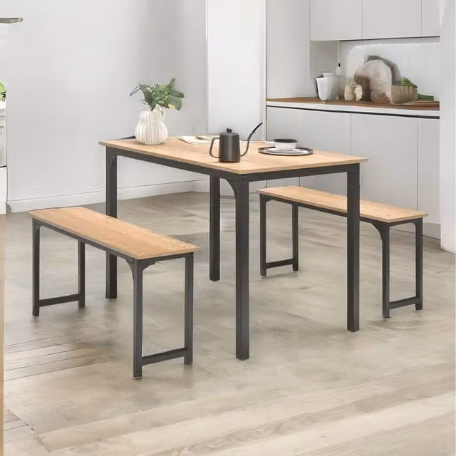 Pirlo Plush Industrial Dining Table and Bench Set in Brown and Black