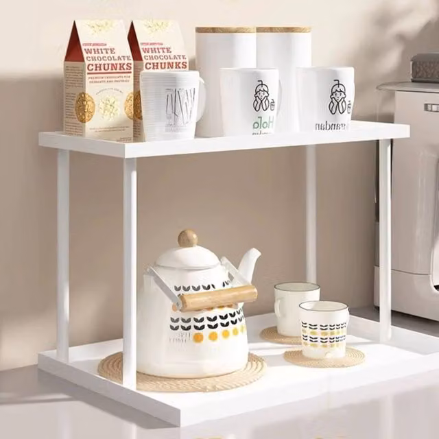 KORVIXA White 2 Tier Metal Desk Coffee Mug Holder Rack
