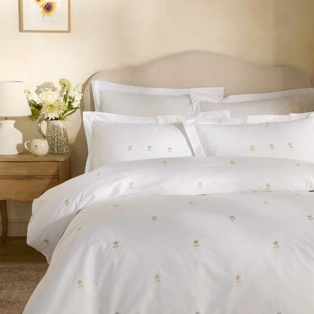 Sophie Allport White Cotton Percale Embroidered Sunflower Duvet Cover Bedding Set