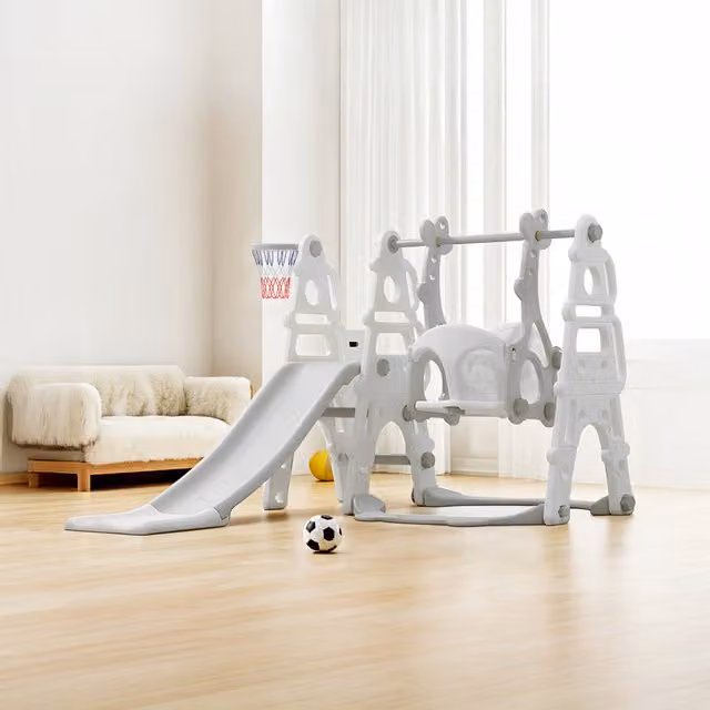 Komore 3-in-1 Toddler Slide and Swing Set with Height-Adjustable Swing in White