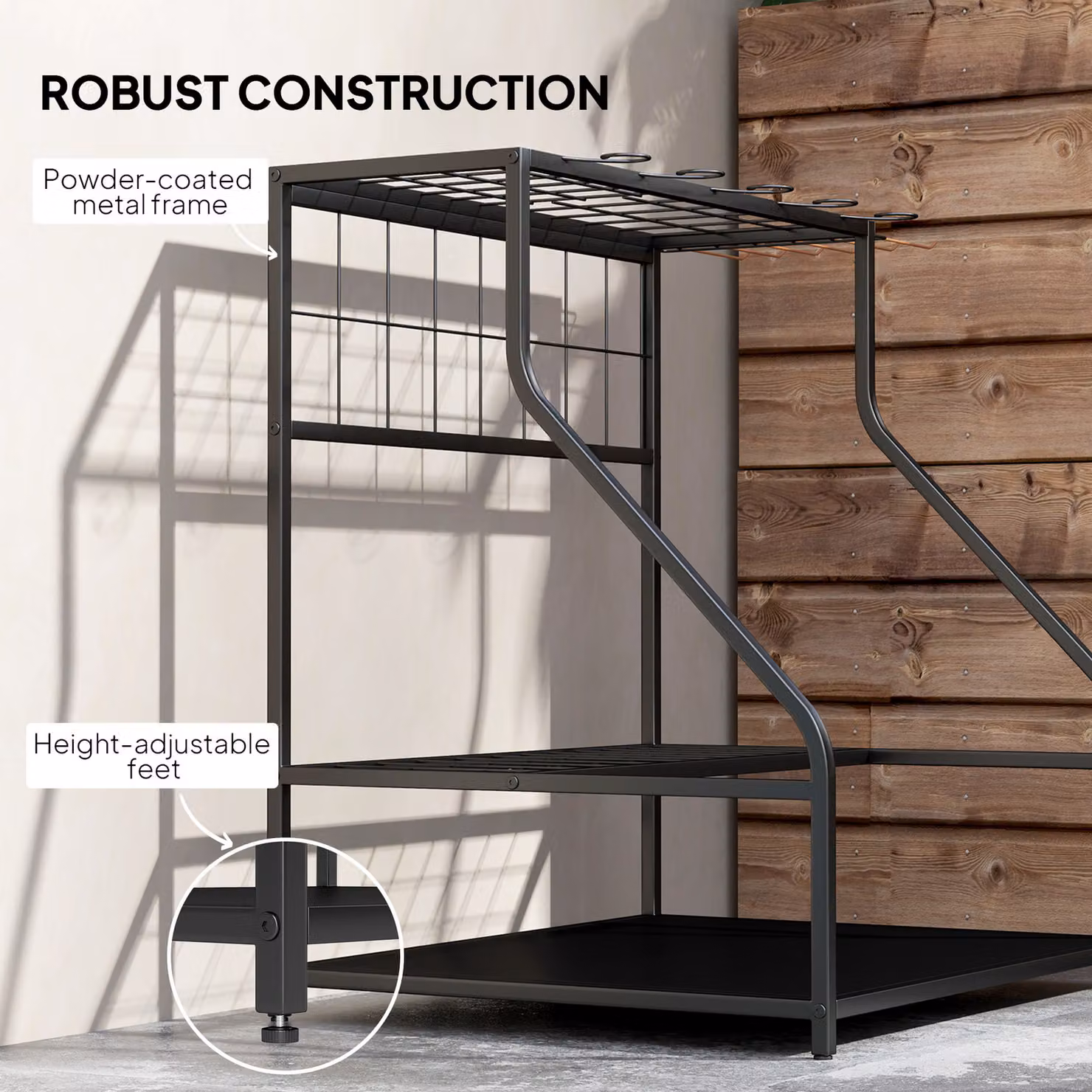 Outsunny 3-Tier Metal Garden Tool Storage Rack in Matt Black with 11 Hooks – 6