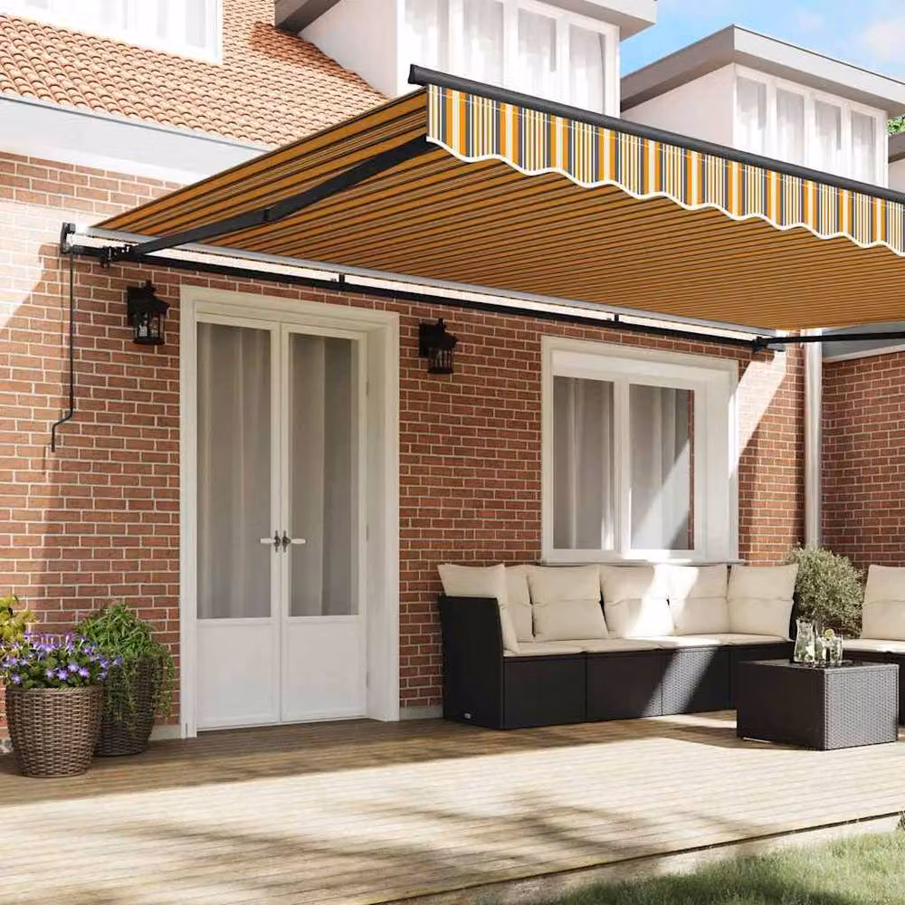 Berkfield Home Manual Retractable Folding Arm Awning in Yellow Multicolour Stripe, W: 500 cm, D: 300 cm – 3