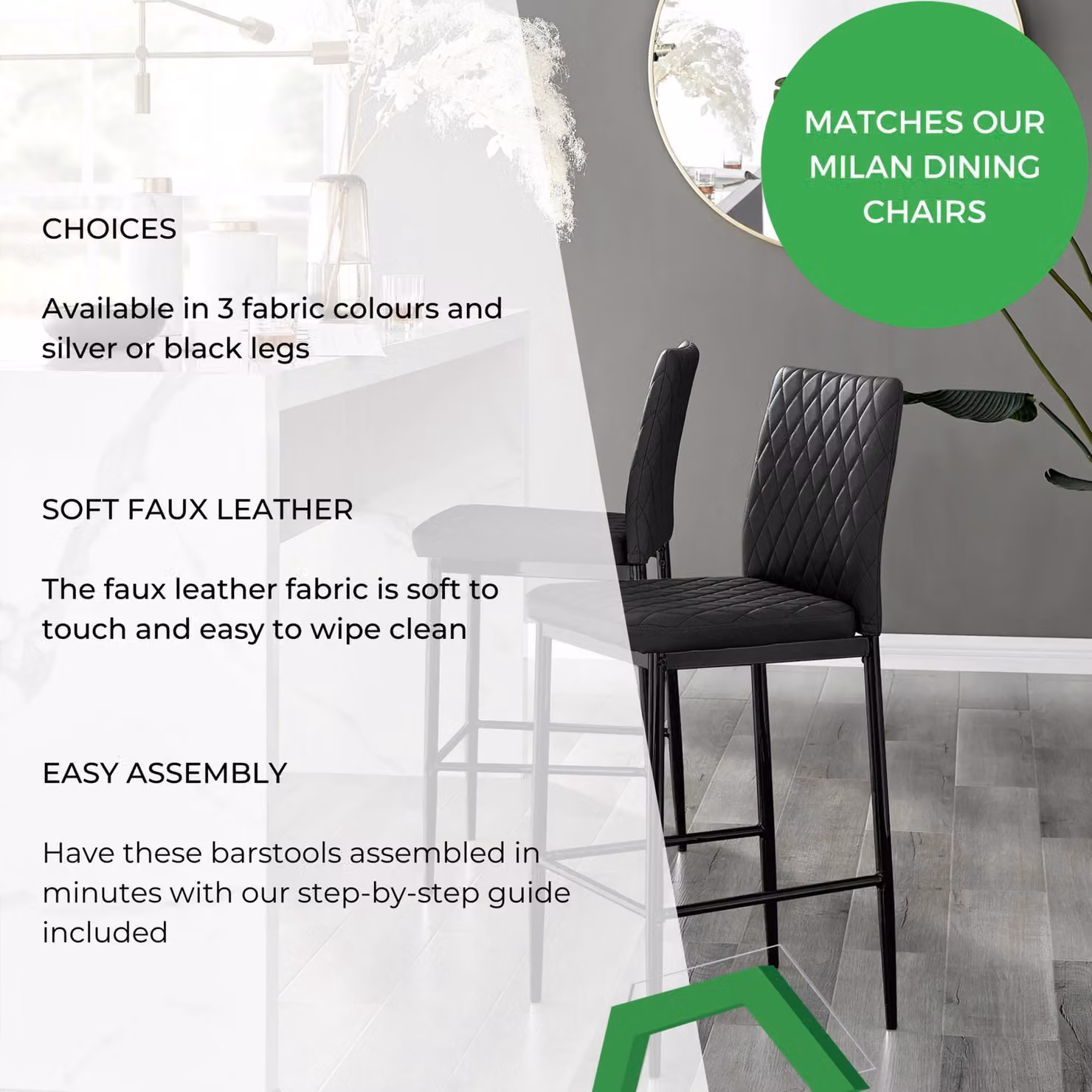 FurnitureboxUK Set of 2 Milan Hatched Faux Leather Padded Counter Stools with Black Metal Legs – 6