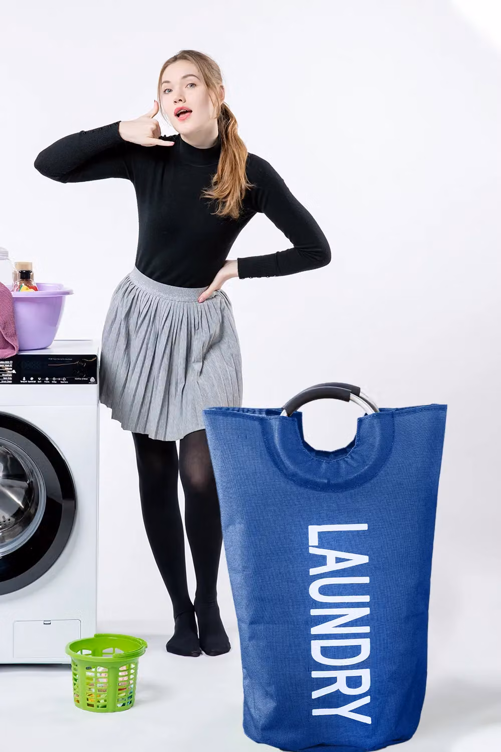 Neel Blue Collapsible 40L Laundry Basket with Padded Handles in Navy Blue – 7