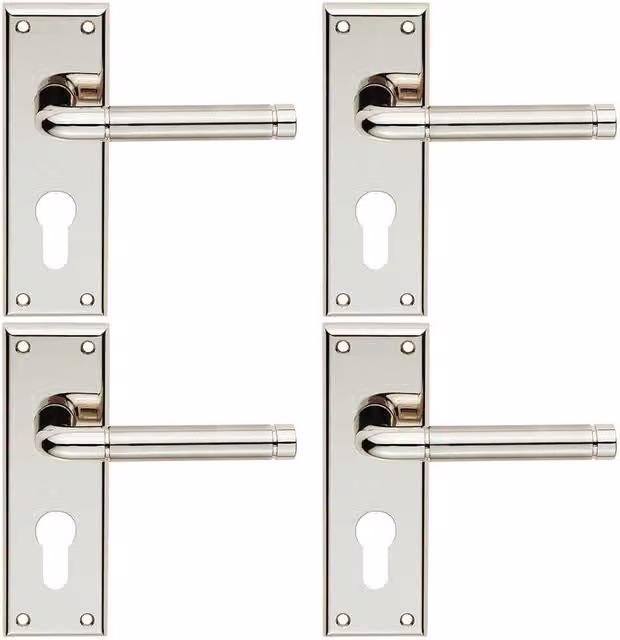 Loops 4x Pair Round Bar Lever on Euro Lock Backplate, Polished Satin Nickel, W: 150 mm, H: 50 mm