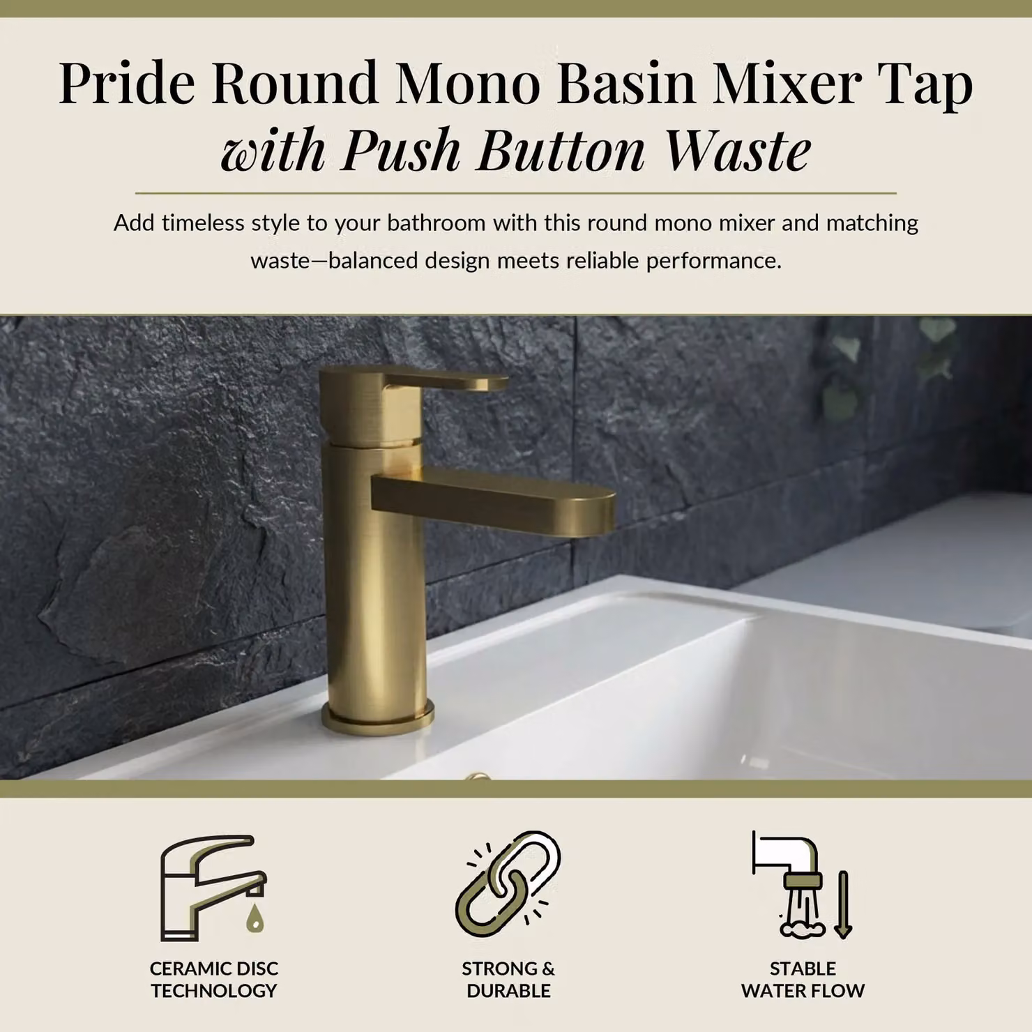 Balterley Pride Round Mono Basin Mixer Tap with Push Button Waste in Brushed Brass – 2