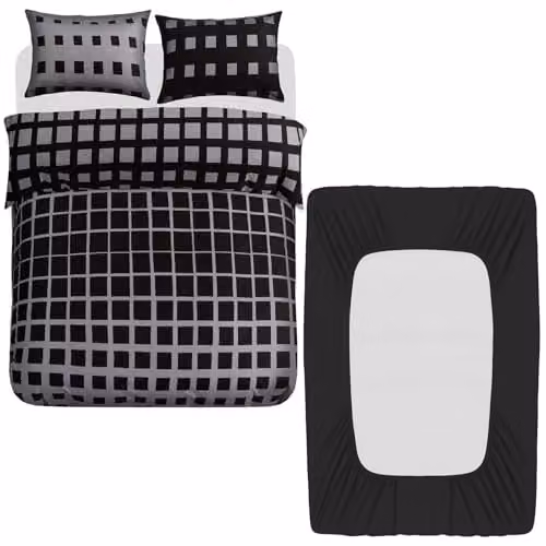 Grace 4 Piece Microfibre Reversible Duvet Cover Set with Matching Fitted Sheet in Black or Grey, W/D/H: 200 x 200 cm – 1