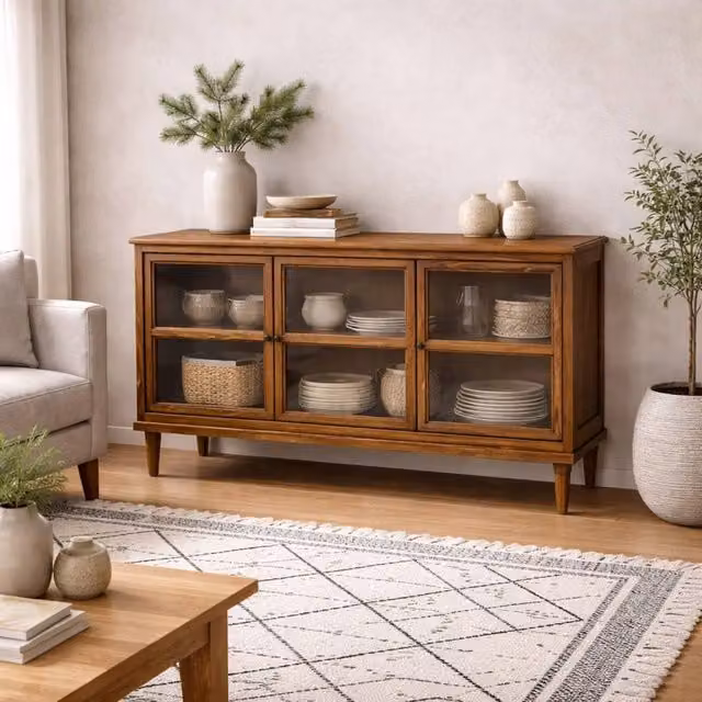 Wyld Haus Honley 3 Door Dark Brown Wood Sideboard with Glass Panels