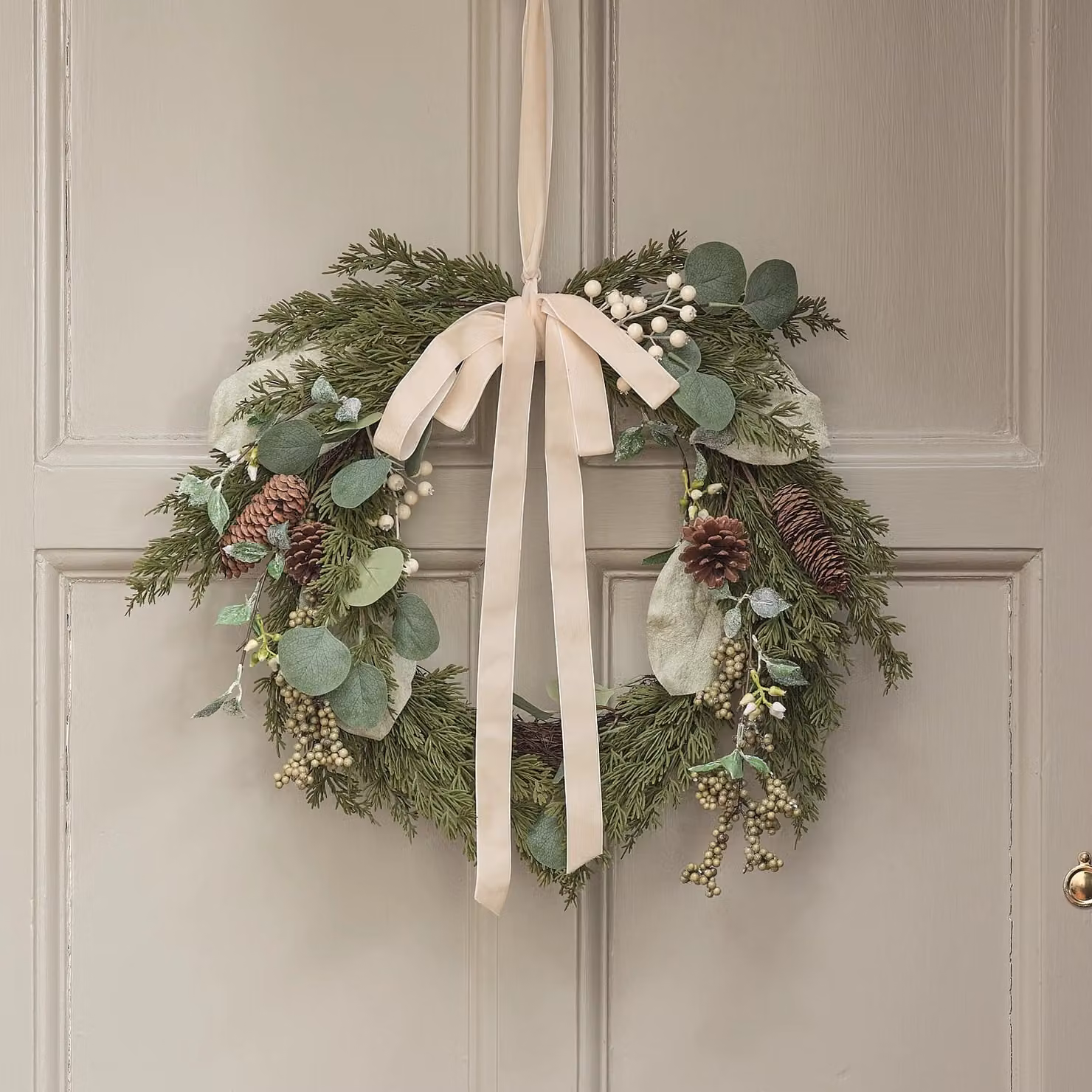 55cm White Berry and Pinecone Christmas Wreath with Green Leaves