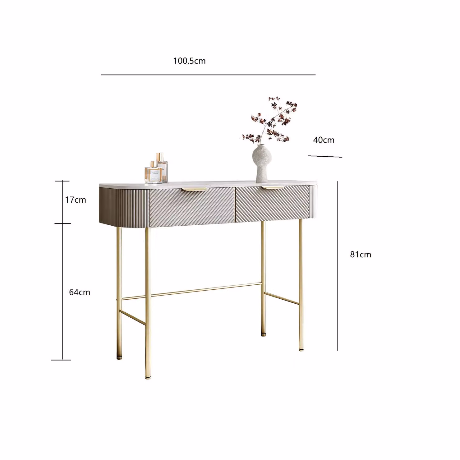 CARME HOME Imogen Mocha Dressing Table with Ribbed Drawers and Brown Marble-effect Tabletop – 3