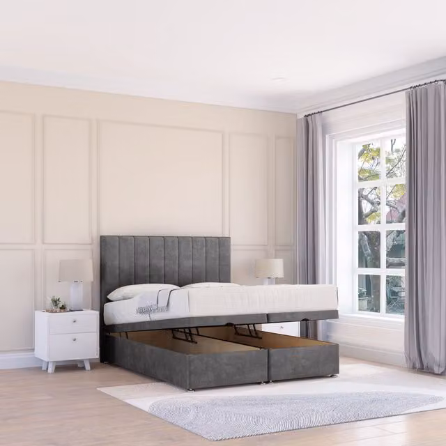Sloomy Kansas Super King Ottoman Bed with 26 Inch Headboard and Hybrid Memory Mattress in Dark Grey