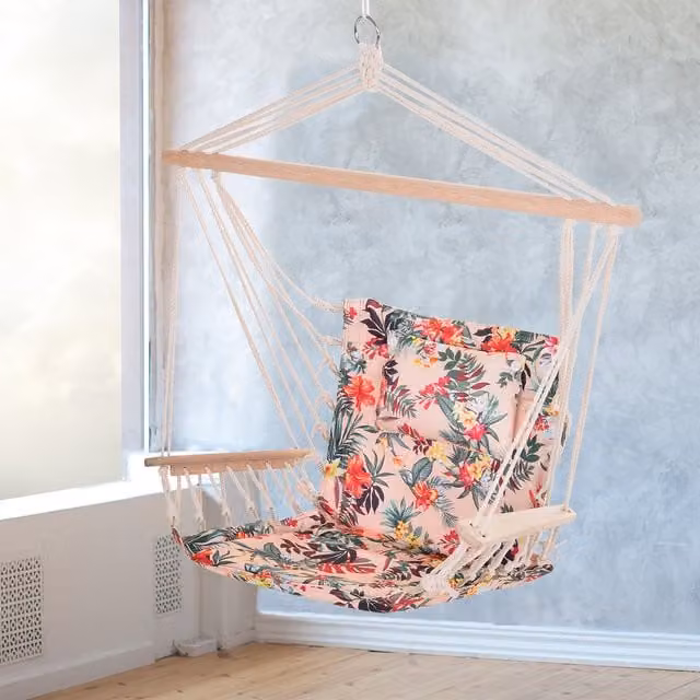 Outsunny Boho Floral Hanging Hammock Chair with Armrests, Multicoloured Pink, W: 100 cm, D: 106 cm